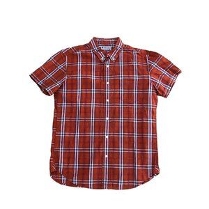 LUCKY BRAND Button Down Shirt Men's MEDIUM Red Plaid Short Sleeve Top Cotton​​​